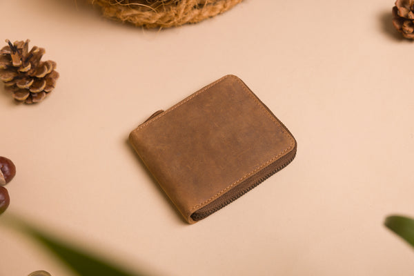 Personalised Engraved Light Rustic Brown Bifold Leather Zip Around Wallet