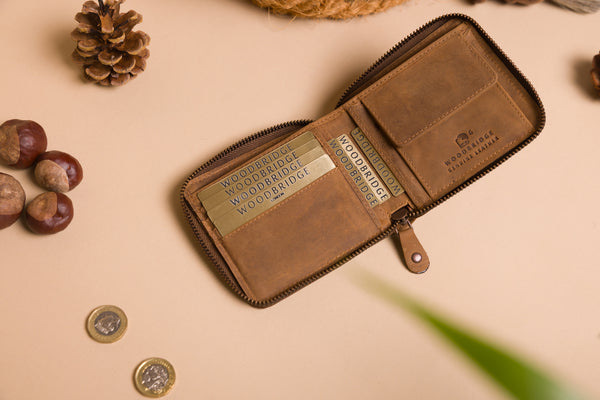 Personalised Engraved Light Rustic Brown Bifold Leather Zip Around Wallet