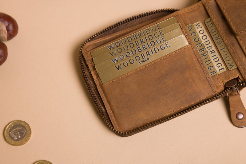 Personalised Engraved Light Rustic Brown Bifold Leather Zip Around Wallet