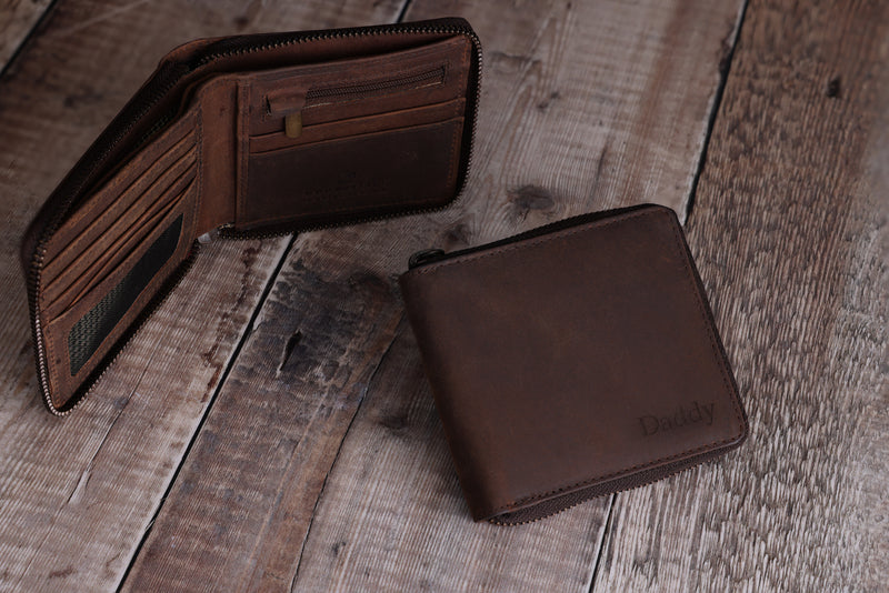 Personalised Engraved Rustic Brown Bifold Leather Zip Around Wallet