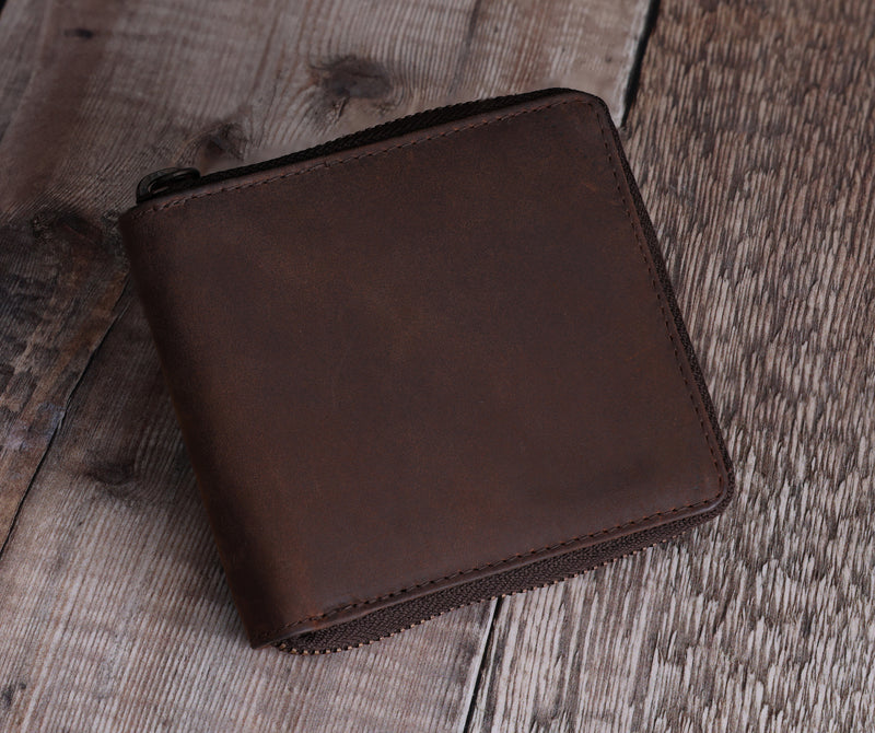 Personalised Engraved Rustic Brown Bifold Leather Zip Around Wallet