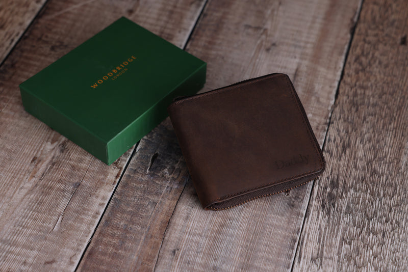 Personalised Engraved Rustic Brown Bifold Leather Zip Around Wallet