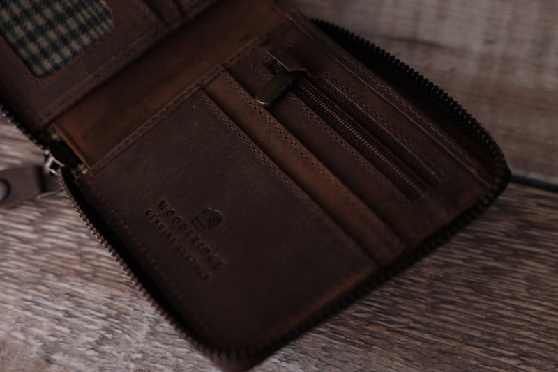 Personalised Engraved Rustic Brown Bifold Leather Zip Around Wallet