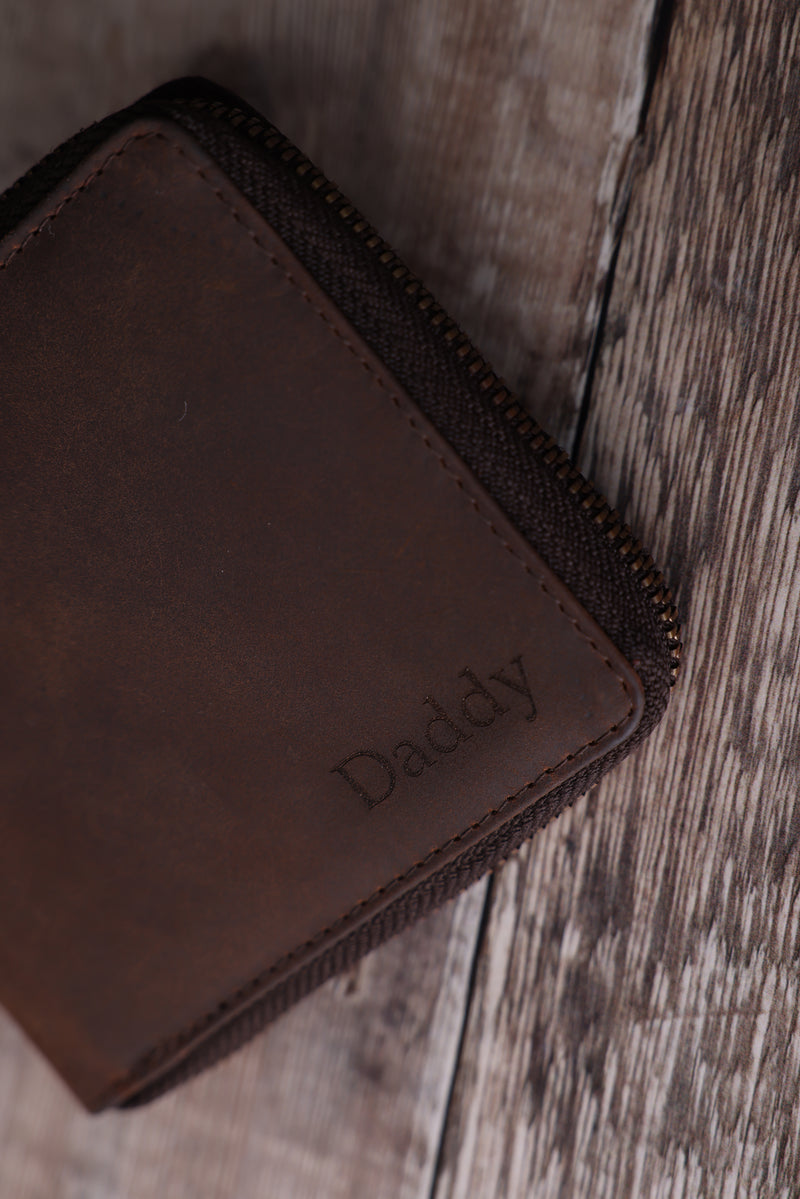 Personalised Engraved Rustic Brown Bifold Leather Zip Around Wallet