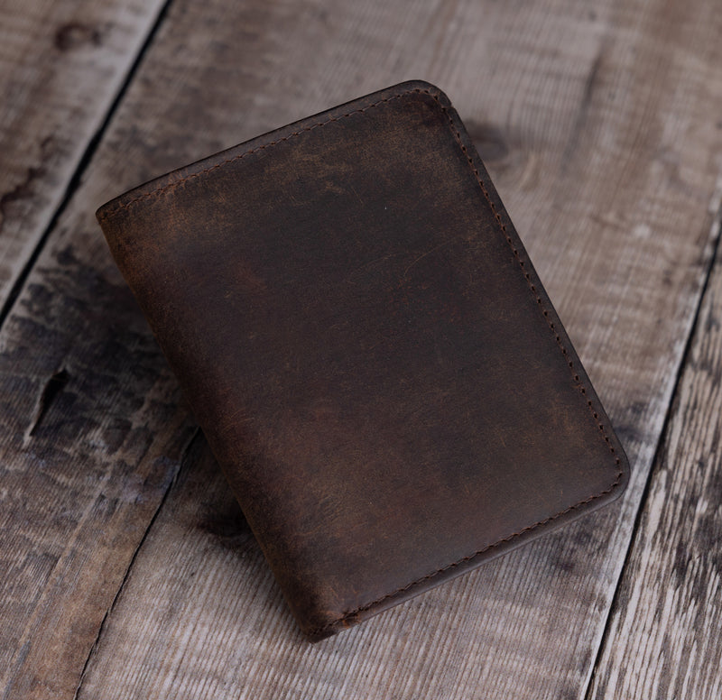 Personalised Engraved Rustic Brown Trifold Leather Wallet