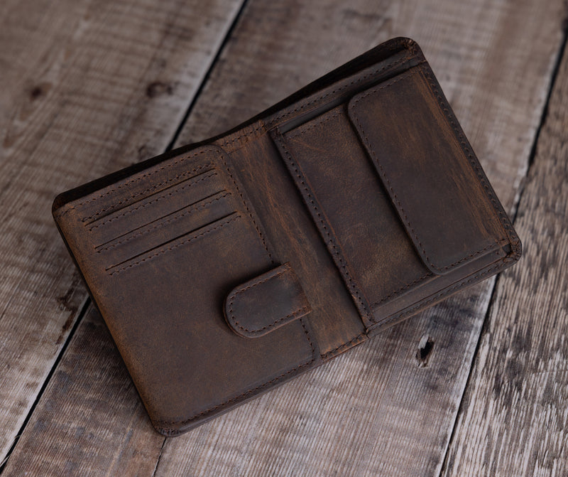 Personalised Engraved Rustic Brown Trifold Leather Wallet