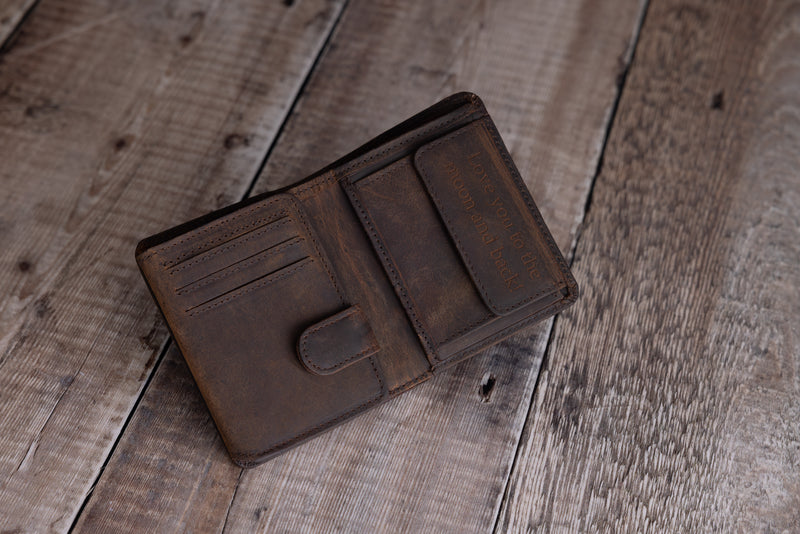 Personalised Engraved Rustic Brown Trifold Leather Wallet