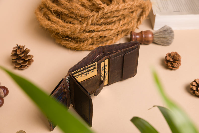 Personalised Engraved Dark Rustic Brown Trifold Leather Wallet