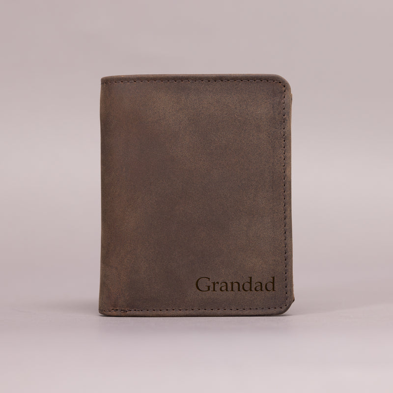 Personalised Engraved Rustic Brown Trifold Leather Wallet