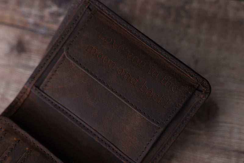 Personalised Engraved Rustic Brown Trifold Leather Wallet