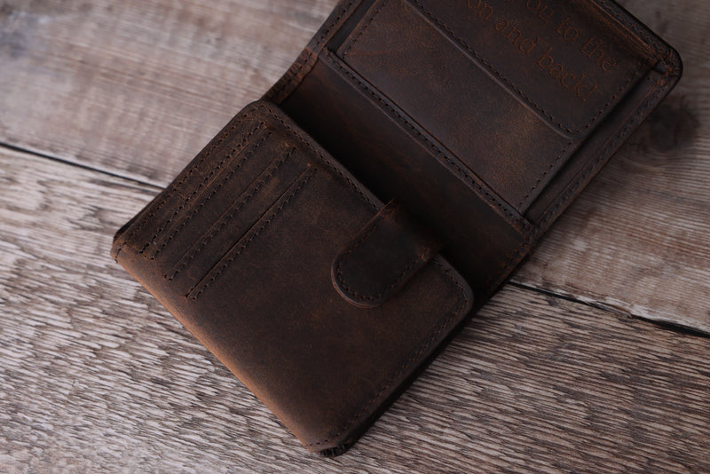 Personalised Engraved Rustic Brown Trifold Leather Wallet