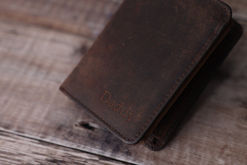 Personalised Engraved Rustic Brown Trifold Leather Wallet