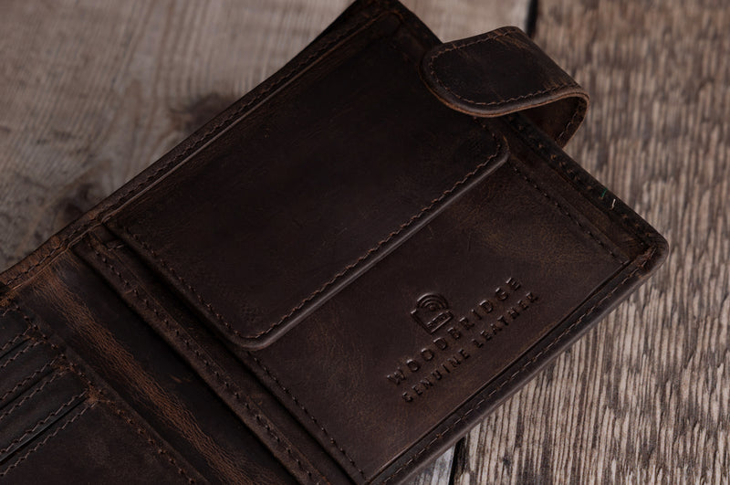 Personalised Engraved Rustic Brown Bifold Leather Wallet With Tab Coin Pocket