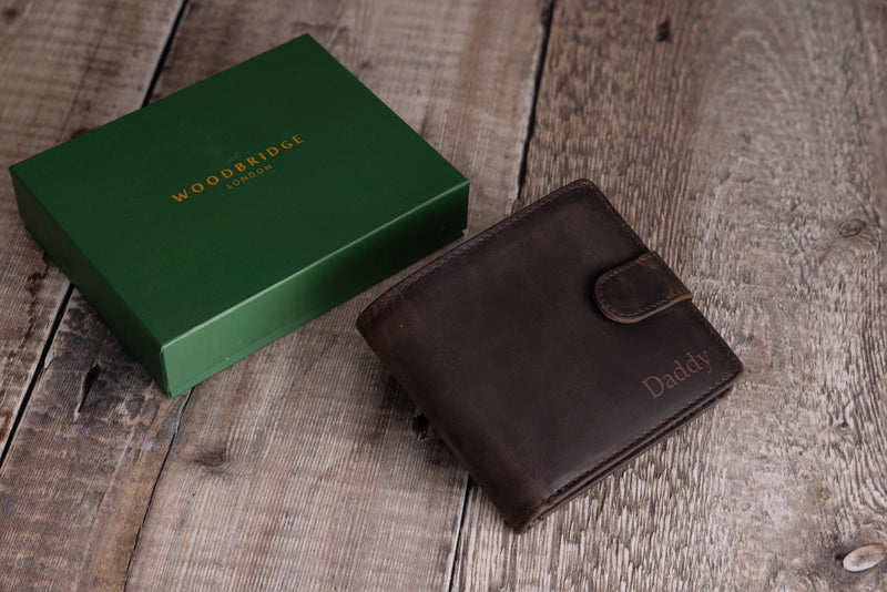 Personalised Engraved Rustic Brown Bifold Leather Wallet With Tab Coin Pocket