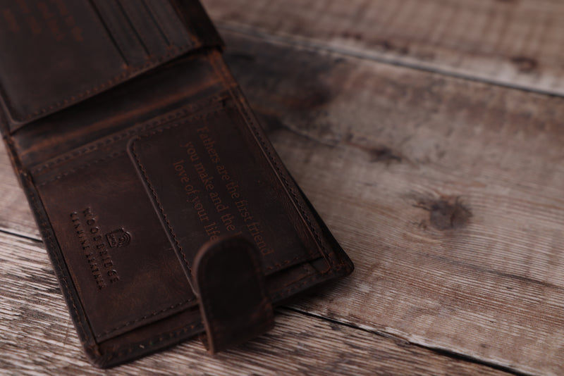 Personalised Engraved Rustic Brown Bifold Leather Wallet With Tab Coin Pocket