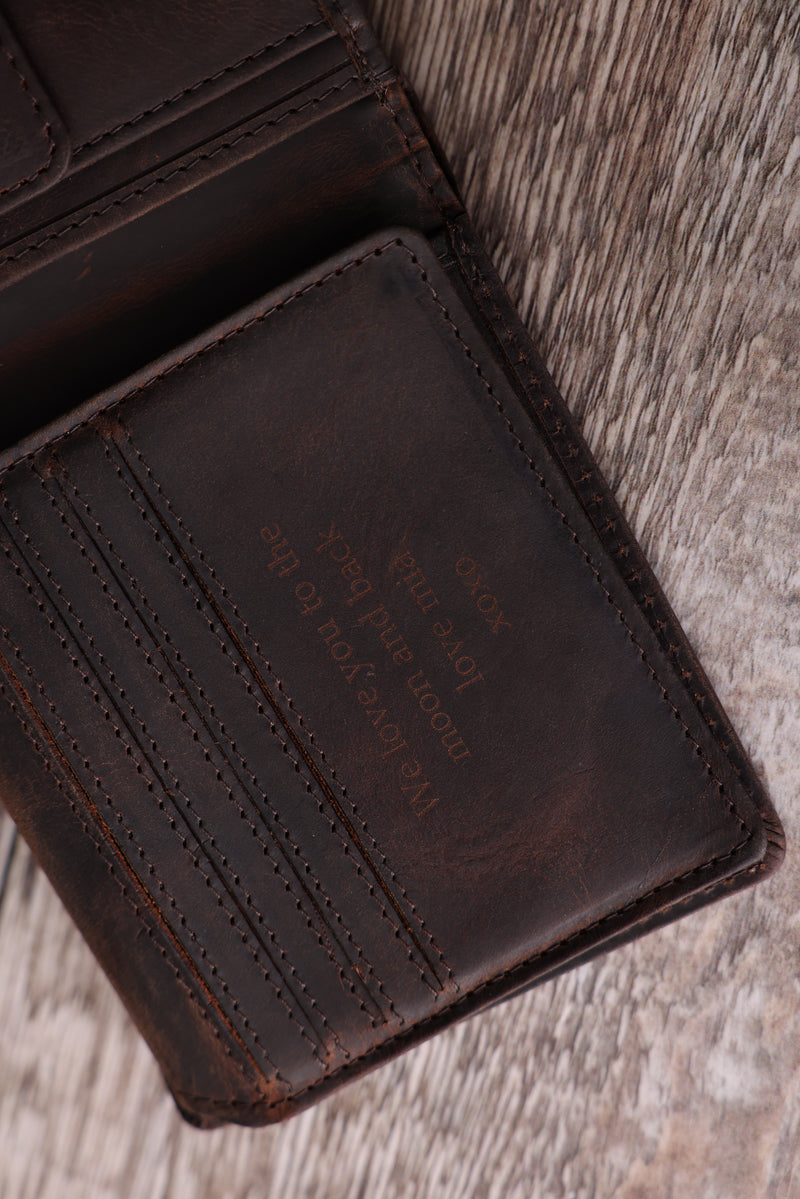 Personalised Engraved Rustic Brown Bifold Leather Wallet With Tab Coin Pocket