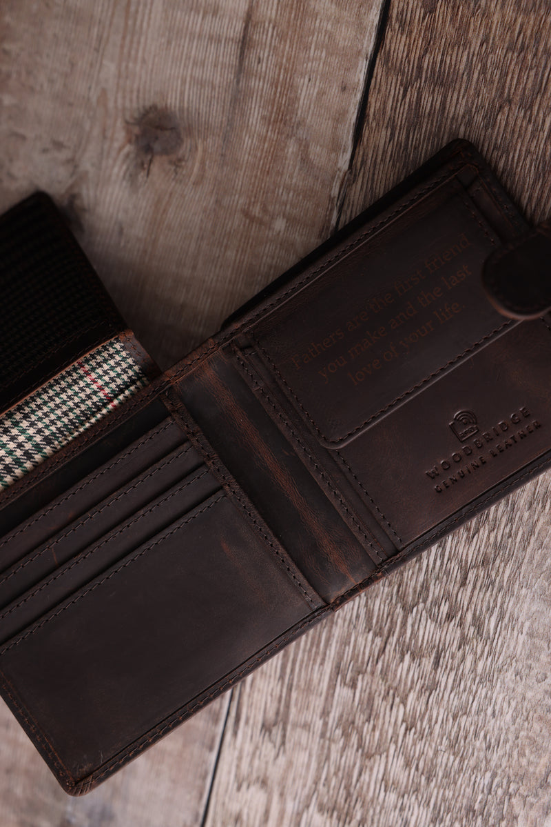 Personalised Engraved Rustic Brown Bifold Leather Wallet With Tab Coin Pocket