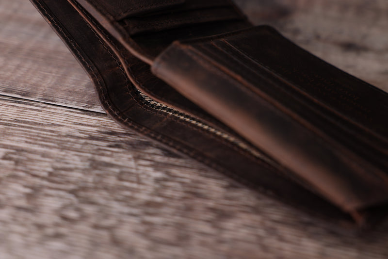 Personalised Engraved Rustic Brown Bifold Leather Wallet With Tab Coin Pocket