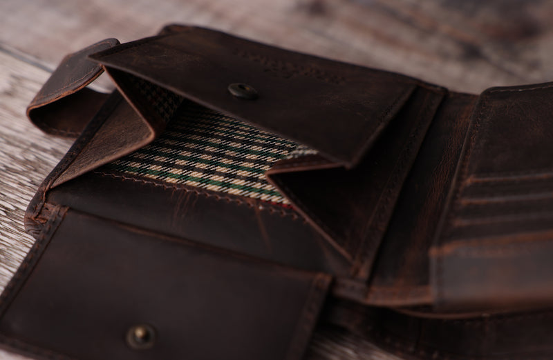 Personalised Engraved Rustic Brown Bifold Leather Wallet With Tab Coin Pocket