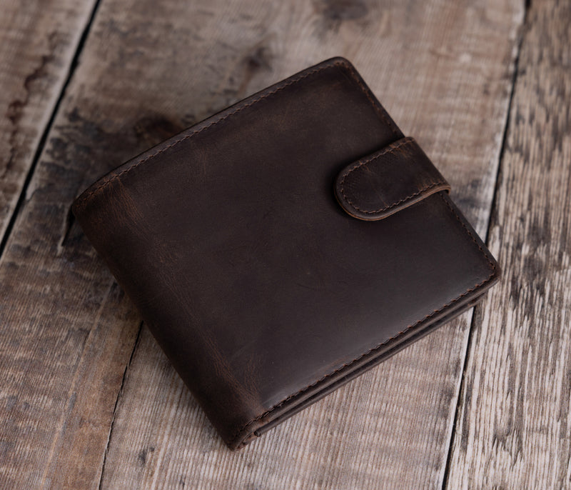 Personalised Engraved Rustic Brown Bifold Leather Wallet With Tab Coin Pocket