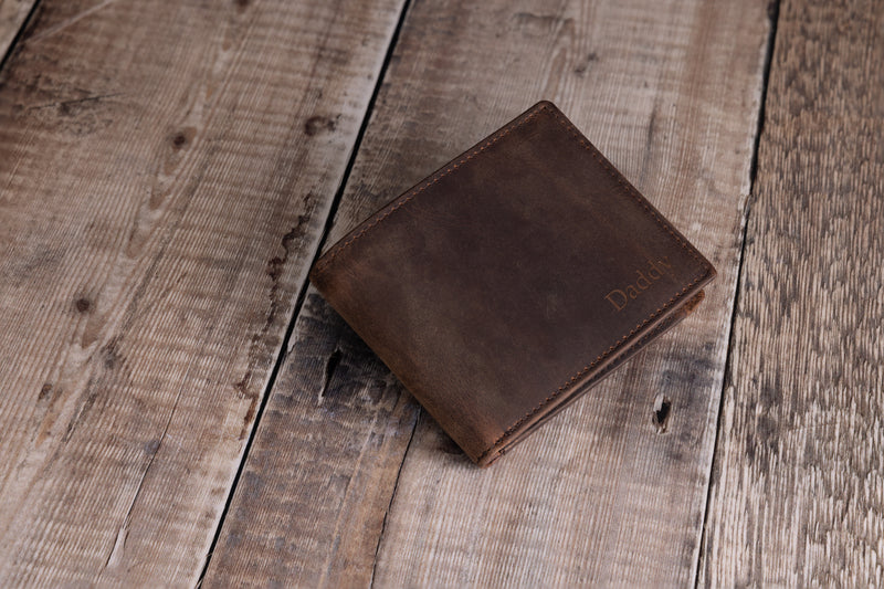 Personalised Engraved Rustic Brown Bifold Leather Wallet With Zip Coin Pocket