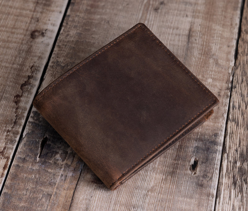 Personalised Engraved Rustic Brown Bifold Leather Wallet With Zip Coin Pocket