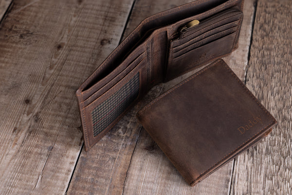 Personalised Engraved Rustic Brown Bifold Leather Wallet With Zip Coin Pocket
