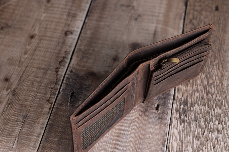 Personalised Engraved Rustic Brown Bifold Leather Wallet With Zip Coin Pocket
