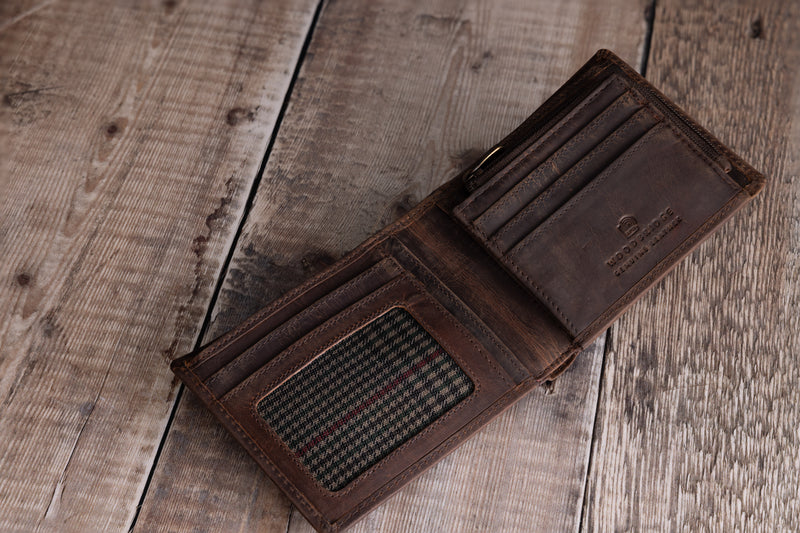 Personalised Engraved Rustic Brown Bifold Leather Wallet With Zip Coin Pocket