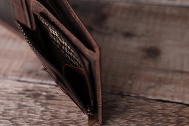 Personalised Engraved Rustic Brown Bifold Leather Wallet With Zip Coin Pocket