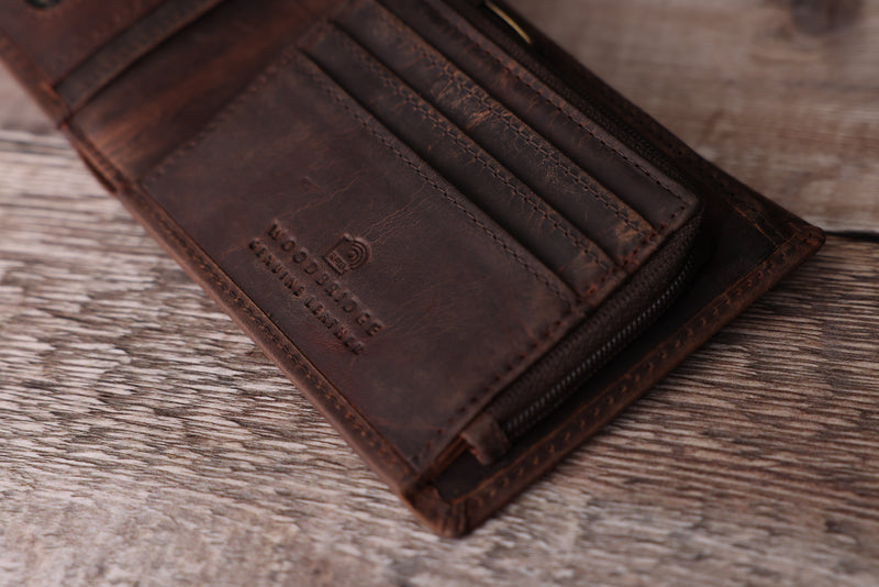 Personalised Engraved Rustic Brown Bifold Leather Wallet With Zip Coin Pocket