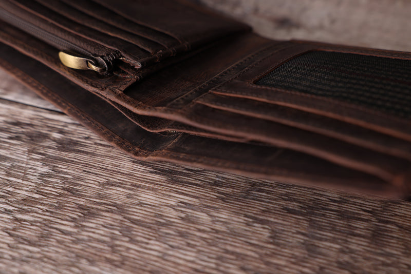 Personalised Engraved Rustic Brown Bifold Leather Wallet With Zip Coin Pocket