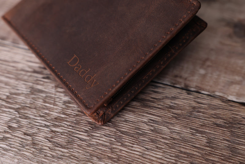 Personalised Engraved Rustic Brown Bifold Leather Wallet With Zip Coin Pocket