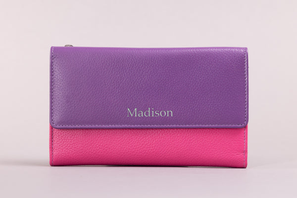 Personalised Engraved Purple Pink Multi Leather Purse