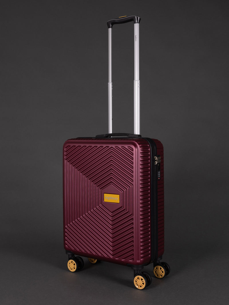 "Lightweight scratch-resistant burgundy hard shell luggage"