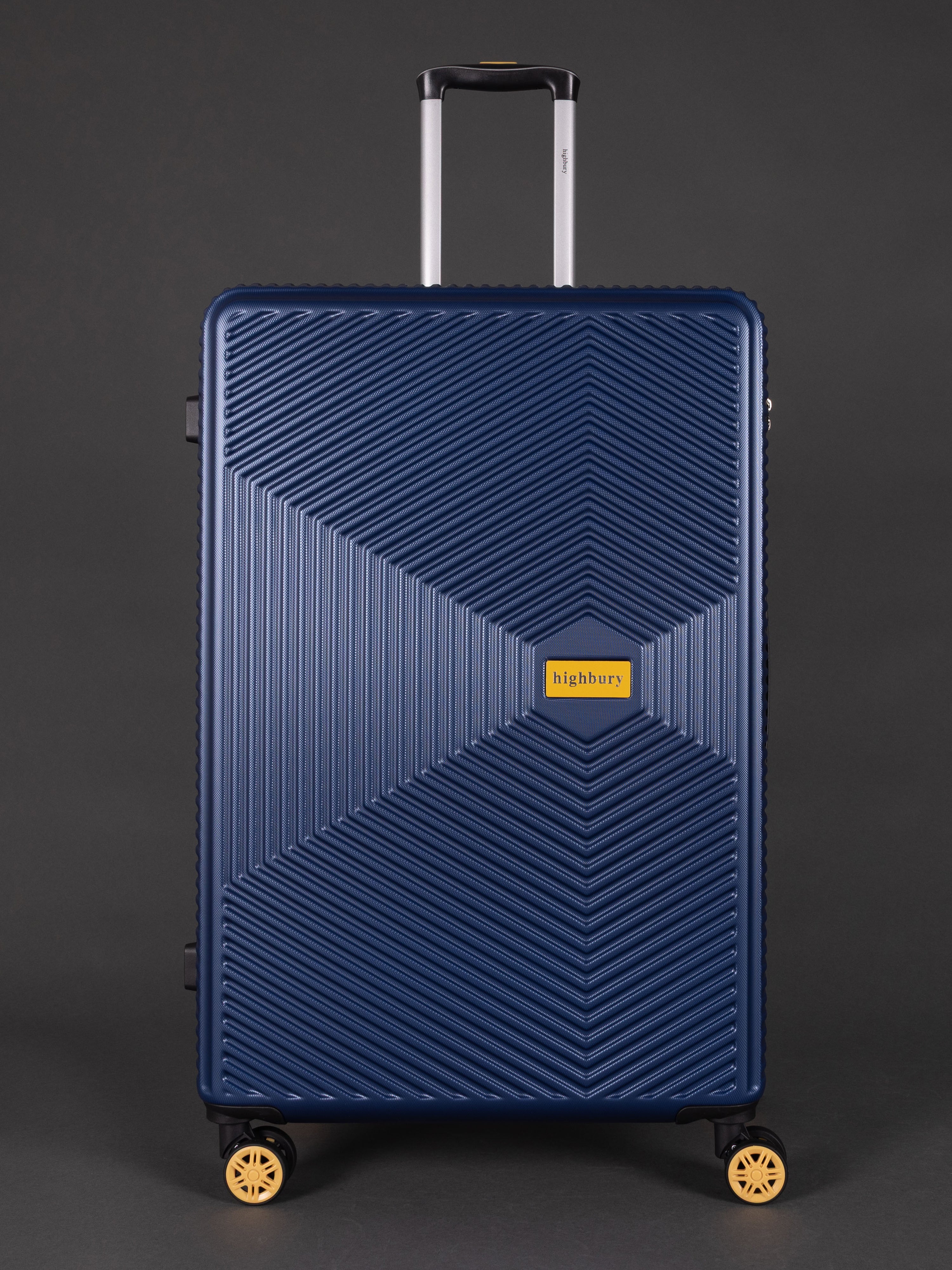 "29 inch large navy suitcase with 8 wheels"