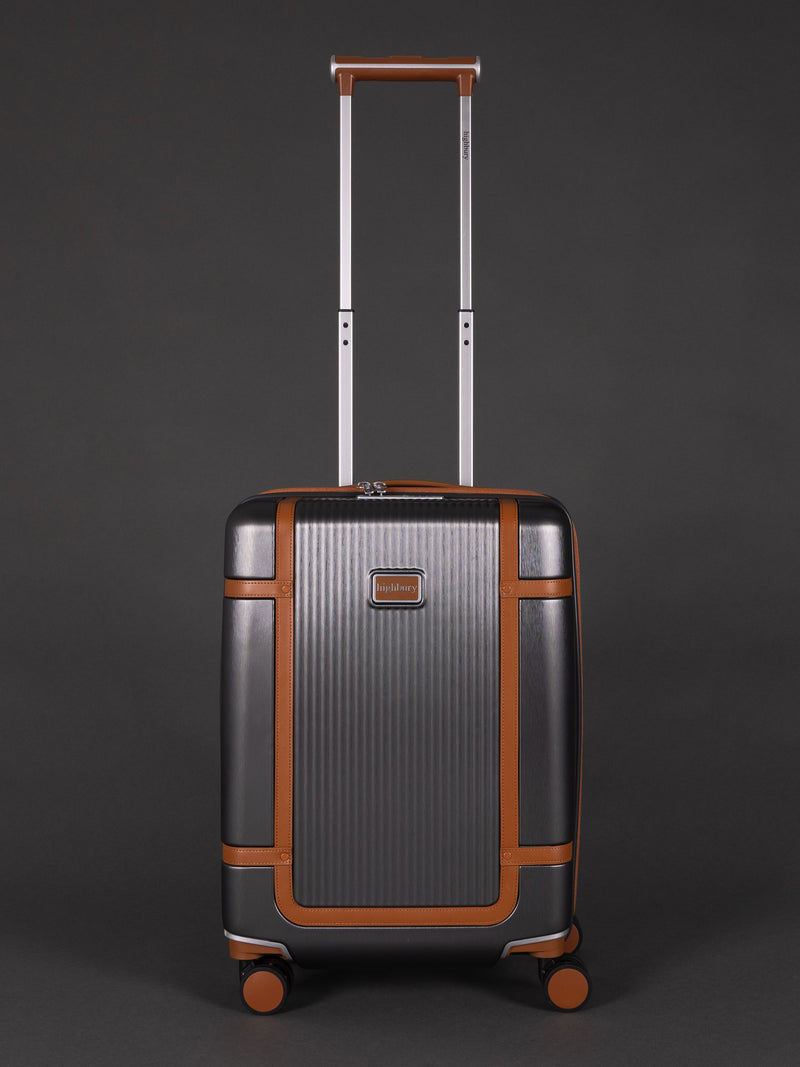 "20 inch Dark Grey cabin suitcase with TSA lock and spinner wheels"
