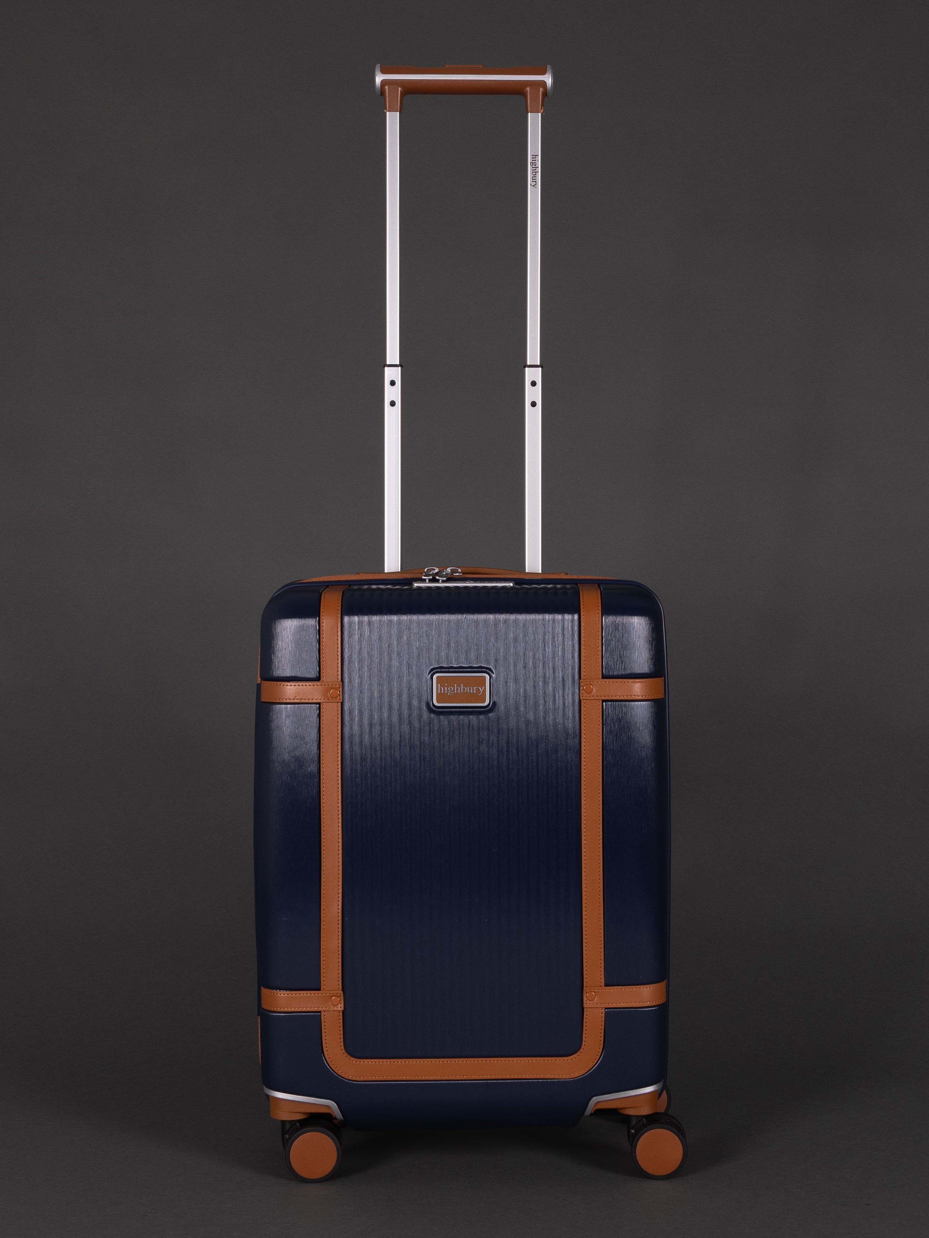 "20 inch Navy cabin suitcase with TSA lock and spinner wheels"