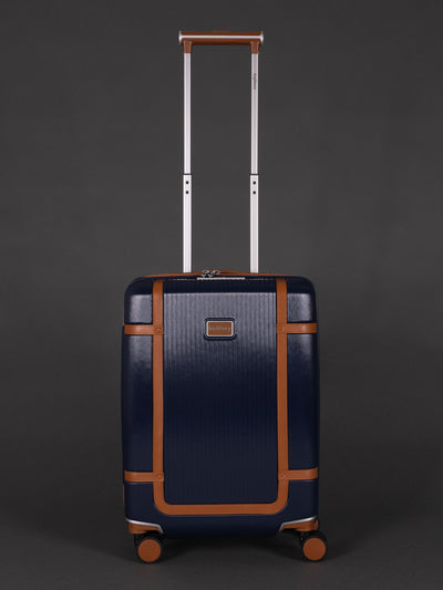 "20 inch Navy cabin suitcase with TSA lock and spinner wheels"