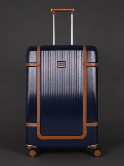 "29 inch large Navy spinner suitcase with TSA-approved lock"