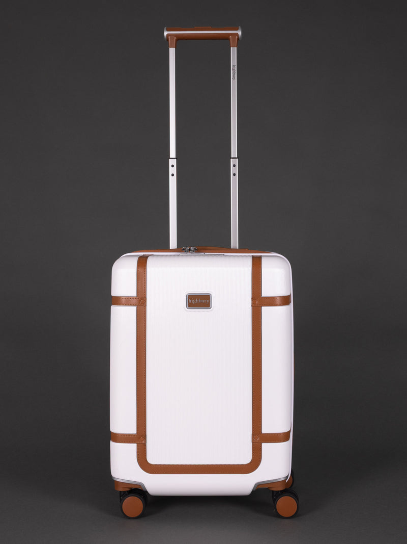 "20 inch white cabin suitcase with TSA lock and spinner wheels"