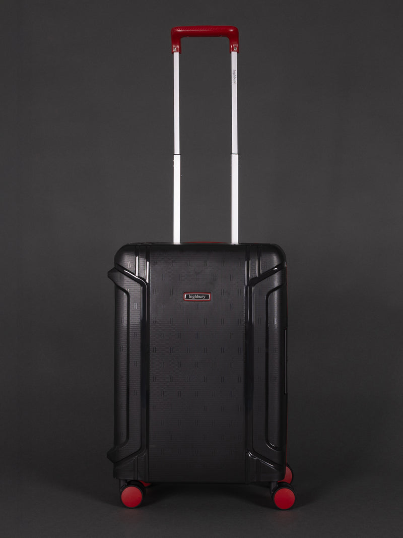 "20 inch dark grey cabin suitcase with TSA lock and 8 spinner wheels"