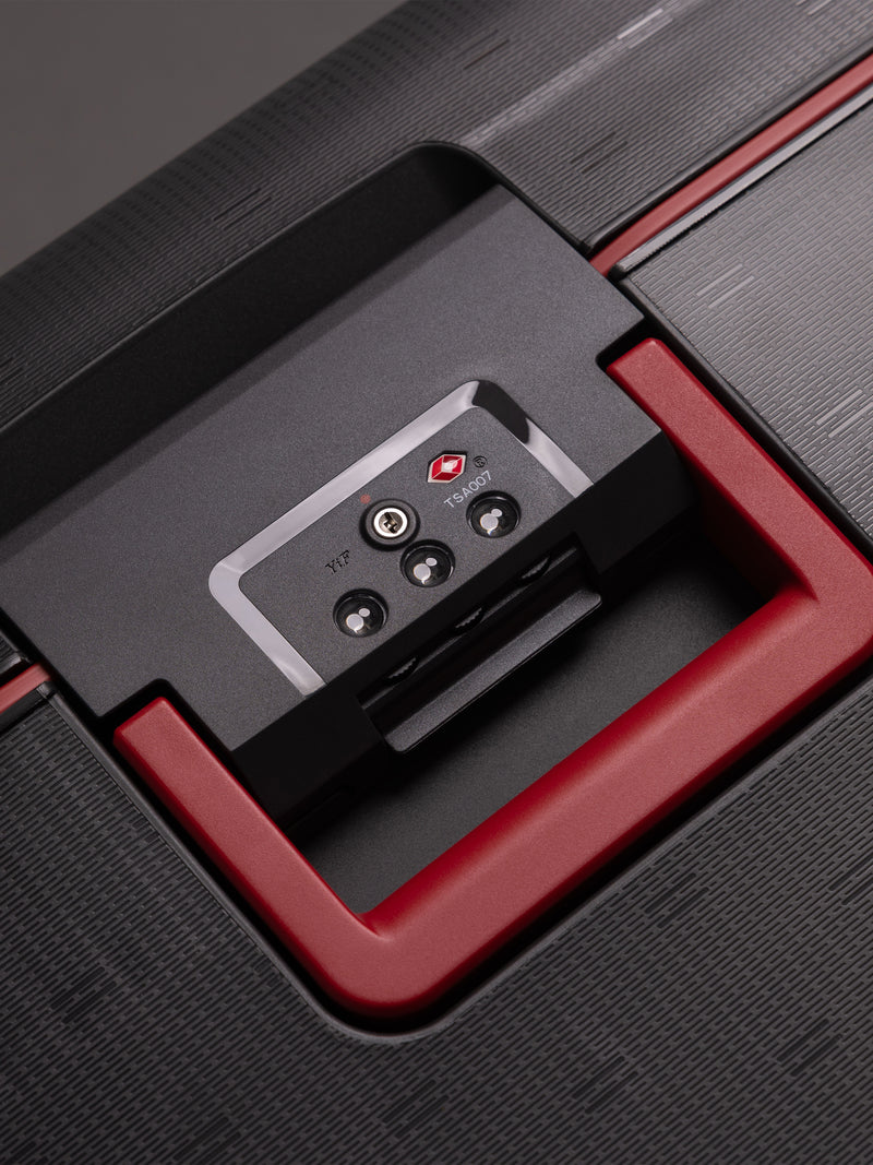"Dark grey hard shell suitcase with TSA lock and 8 wheels"