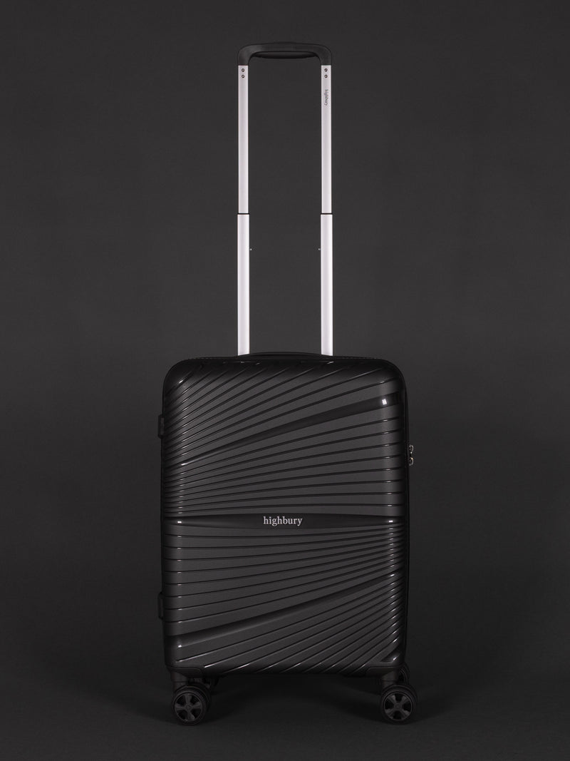 "20 inch dark grey cabin suitcase with TSA lock and spinner wheels"