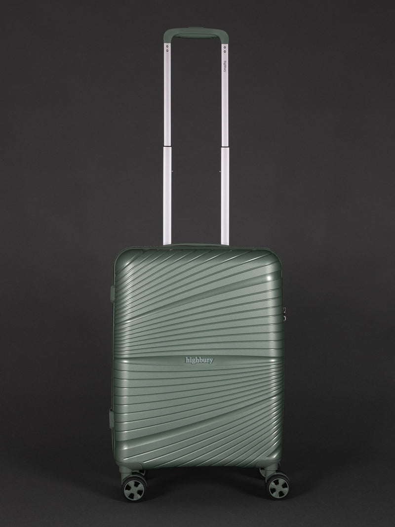 "20 inch green cabin suitcase with TSA lock and spinner wheels"