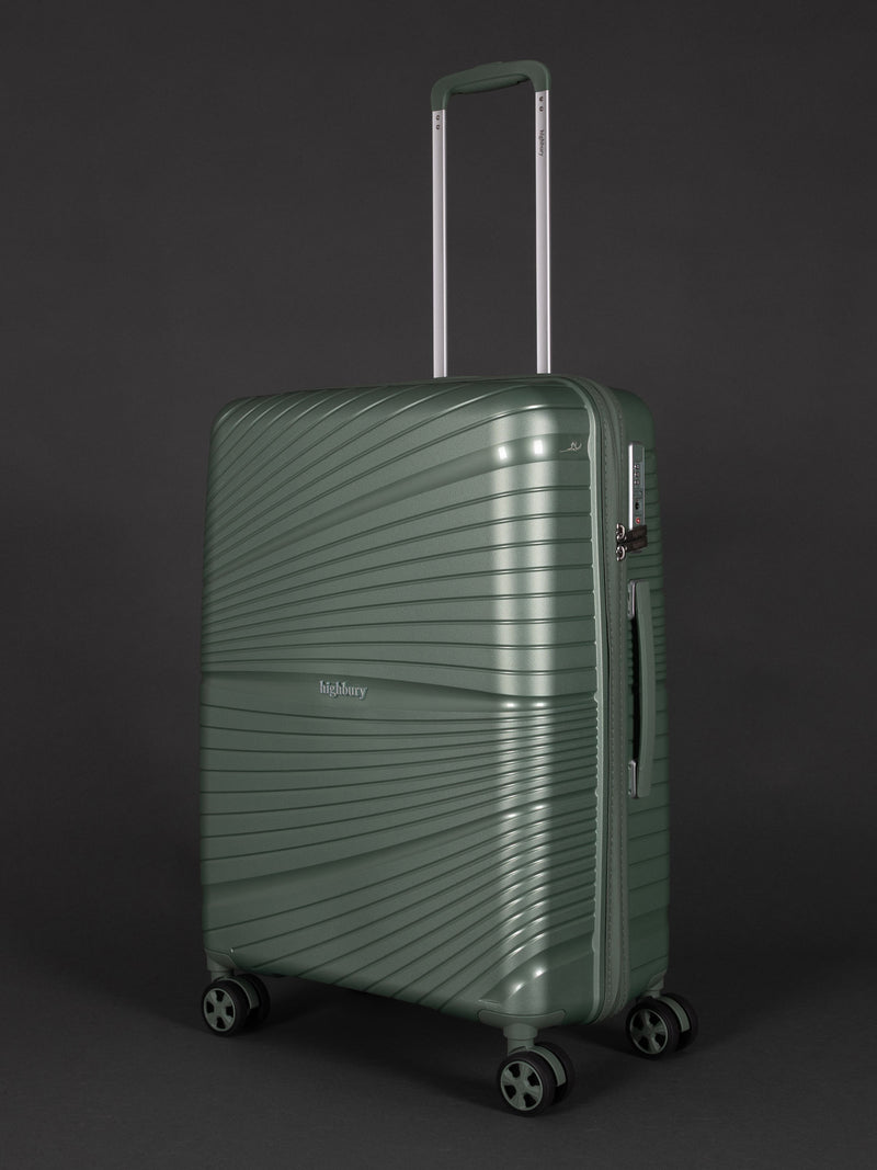"Highbury Helios 3 piece green luggage set with TSA lock and 10-year warranty"