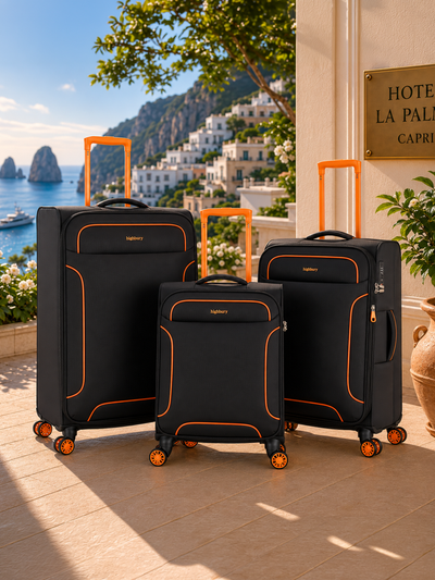 Travel with ease using the Highbury Softside Luggage Set. Lightweight polyester suitcases with 8 spinner wheels, organised interiors and cabin, medium & large sizes available.