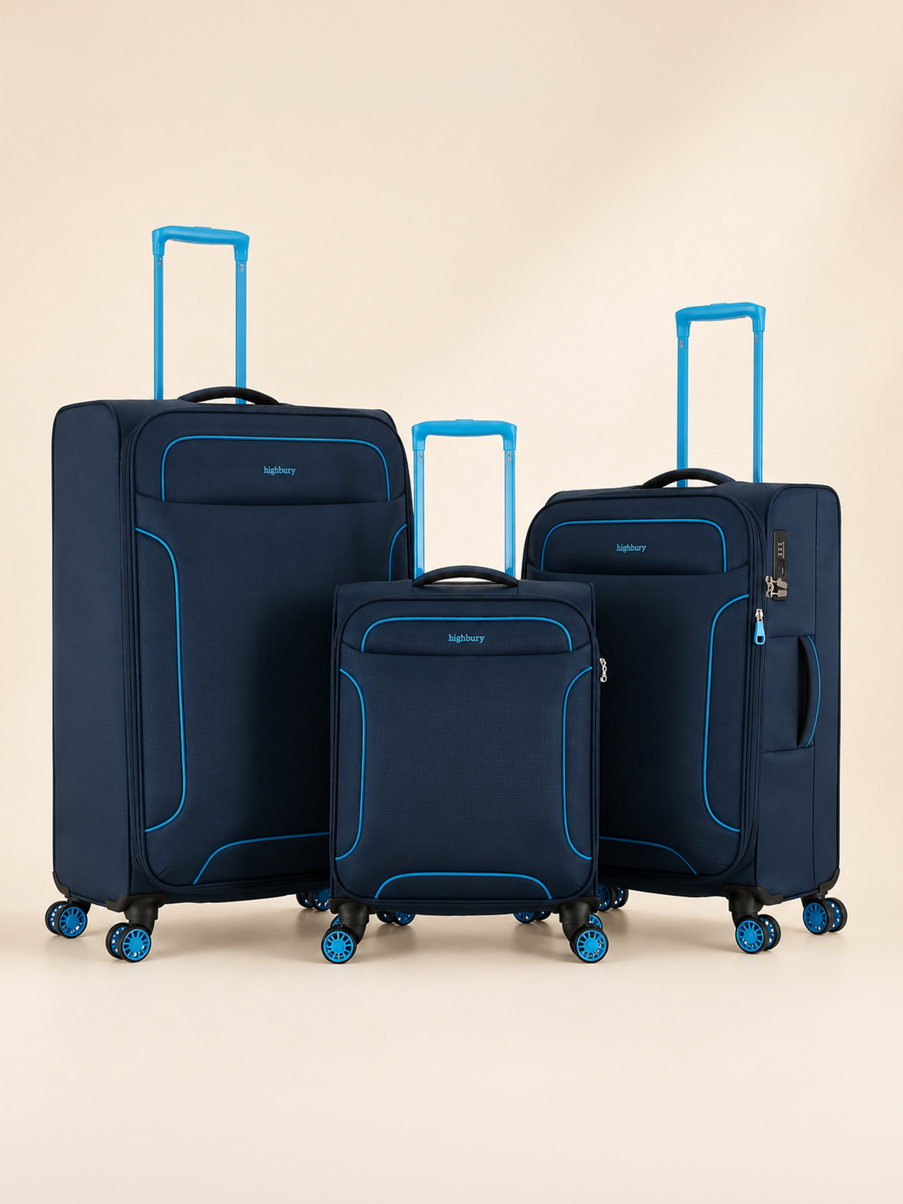 Highbury Navy Polyester Soft Shell Luggage Set – 3 Piece Spinner Suitcases with 8 Wheels (20", 24", 28")