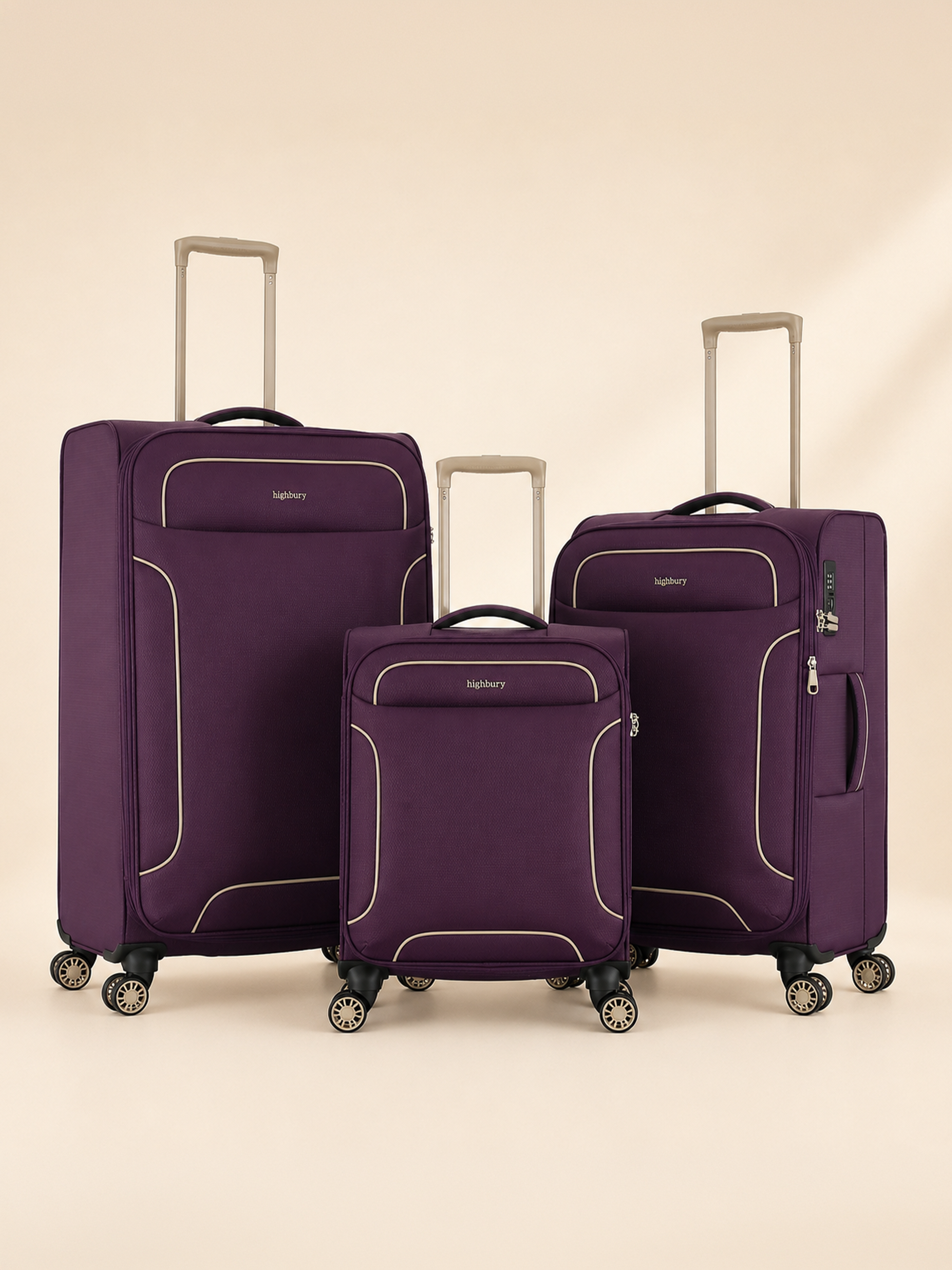 Highbury Purple Polyester Soft Shell Luggage Set – 3 Piece Spinner Suitcases with 8 Wheels (20", 24", 28")