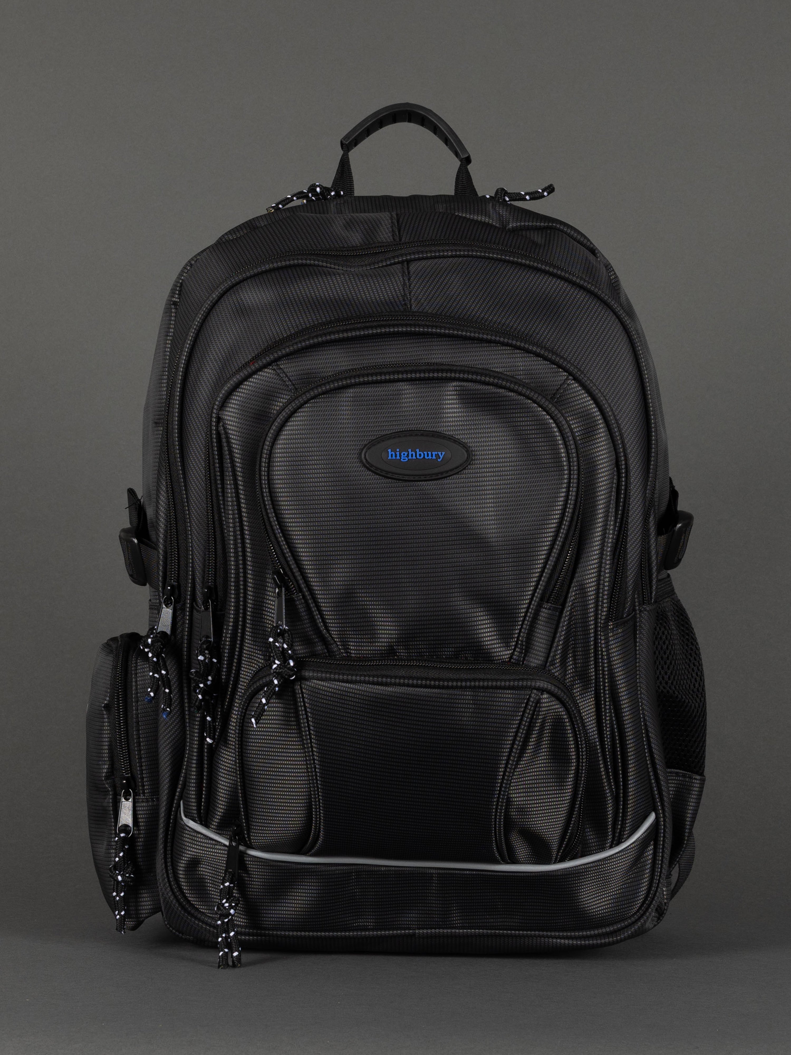 "Highbury 18-inch black polyester laptop backpack with USB charging port"